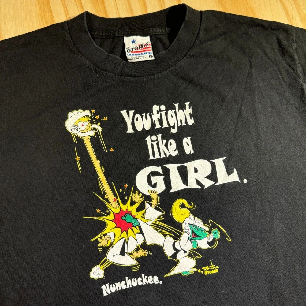 Vintage Otomix Athletics You Fight Like A Girl Nunchuckee T-Shirt Black Large